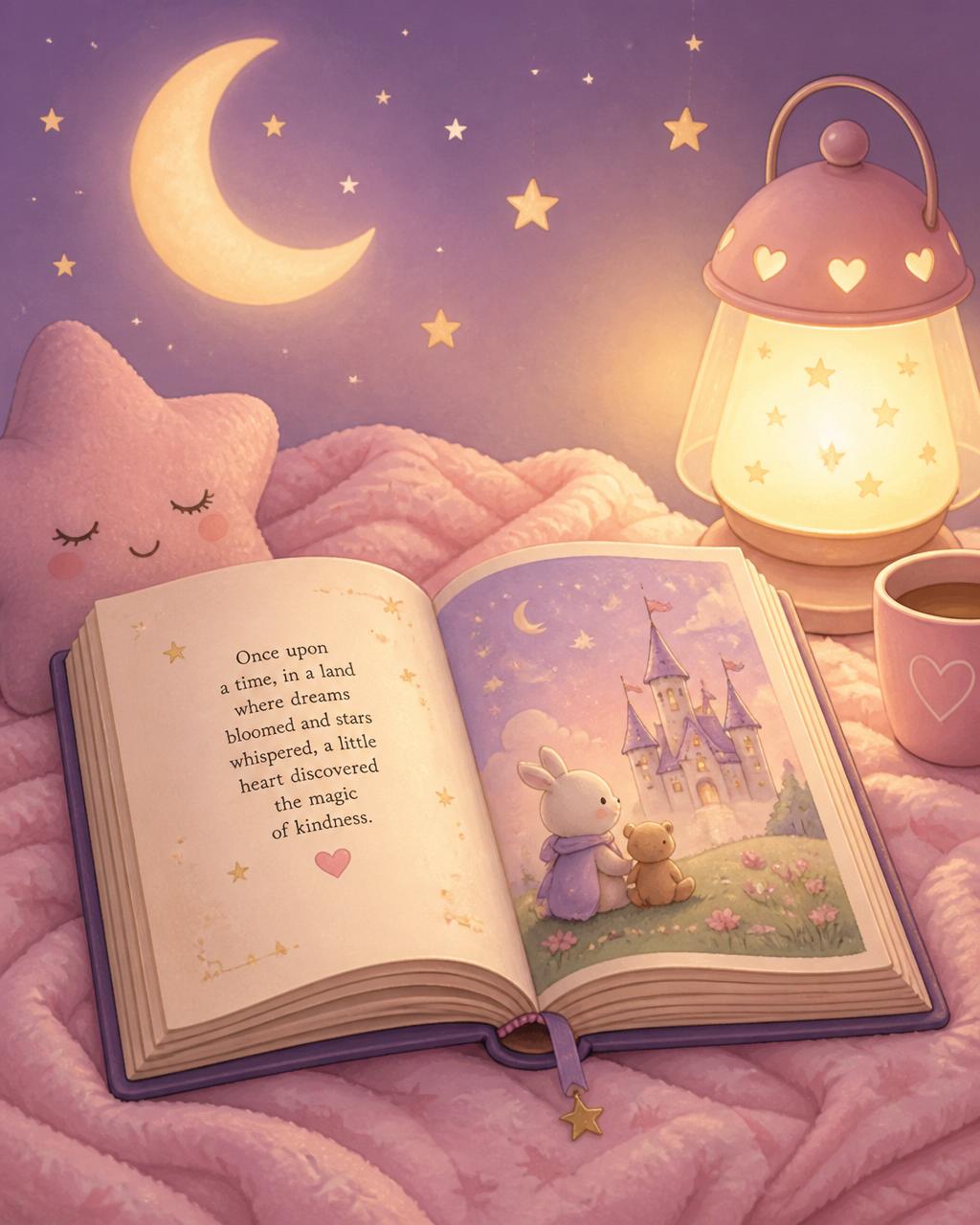 An open storybook glowing under a crescent moon and stars, ready for bedtime